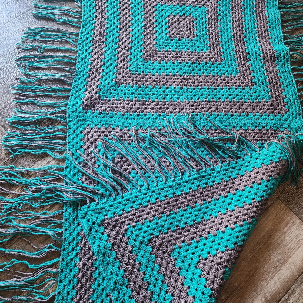 Handmade Teal and Gray Crochet Blanket